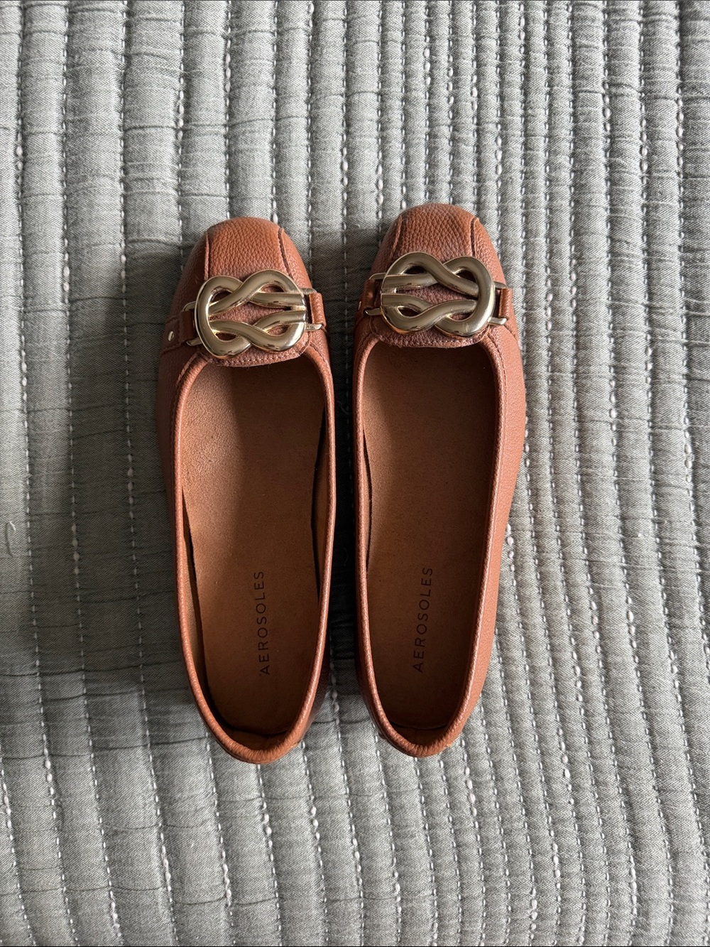 AEROSOLES Rust Brown Leather Loafers with Gold Accent